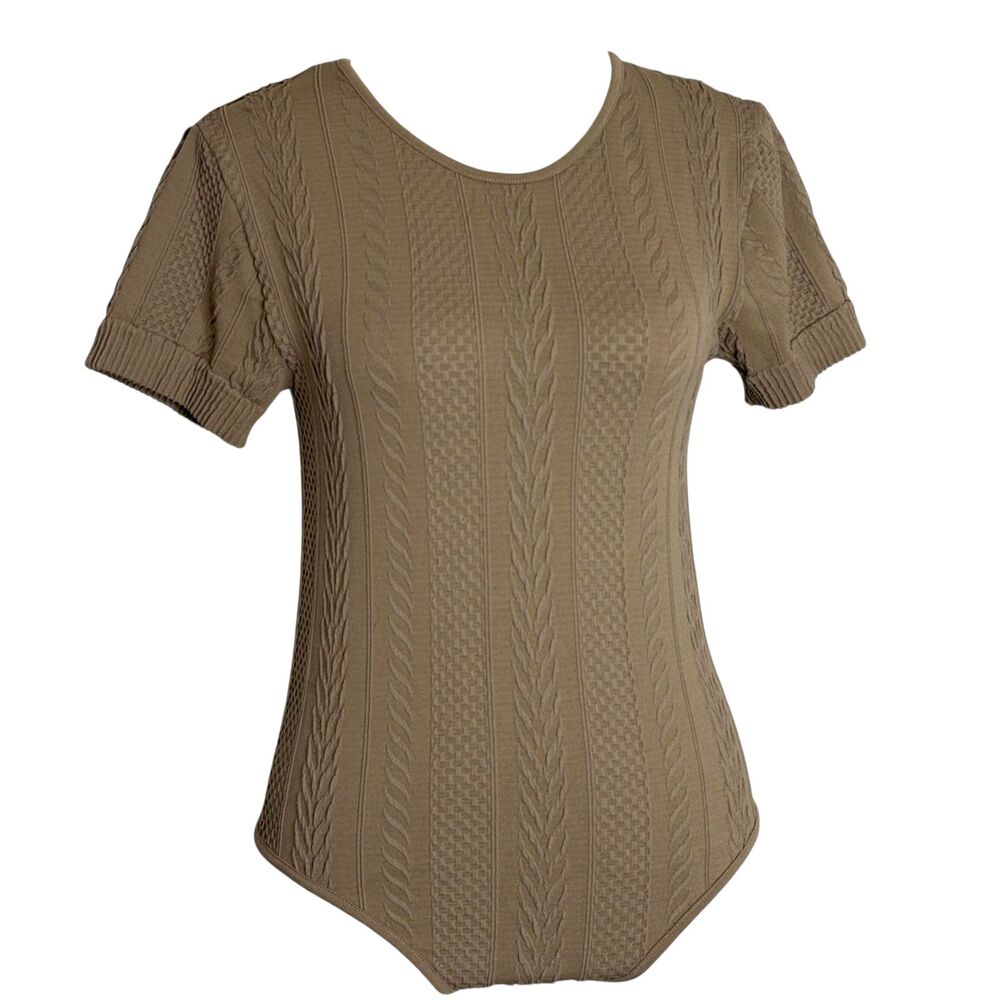 Soho Lady Stretch Bodysuit Shirt Top Blouse Textured Brown Tan S M